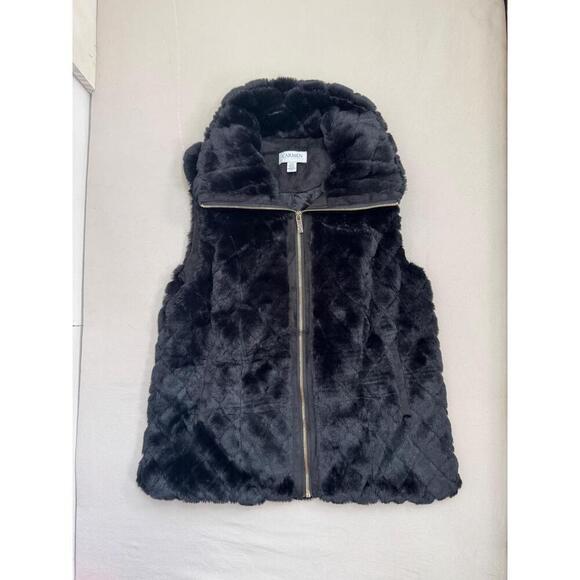 CARMEN Faux Fur Vest Womens Size S/P Black Quilted Zip Up High Collar Cozy Soft - Picture 2 of 9